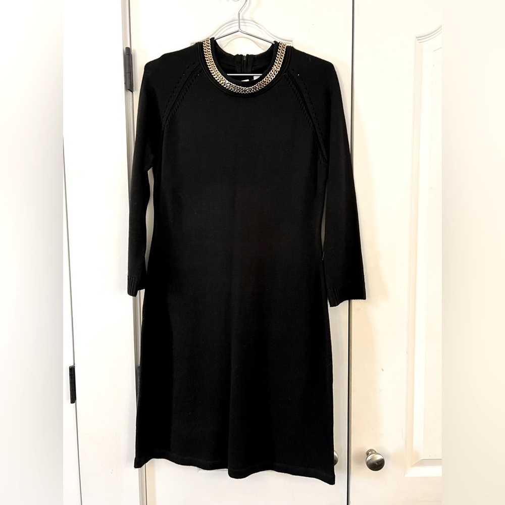 NWT Calvin Klein black sweater dress with gold necklace collar. Size L